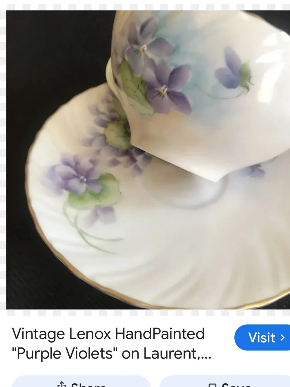 #2988*Porcelain Teacup and Saucer Set with Purple Floral Motif and Gold Handle